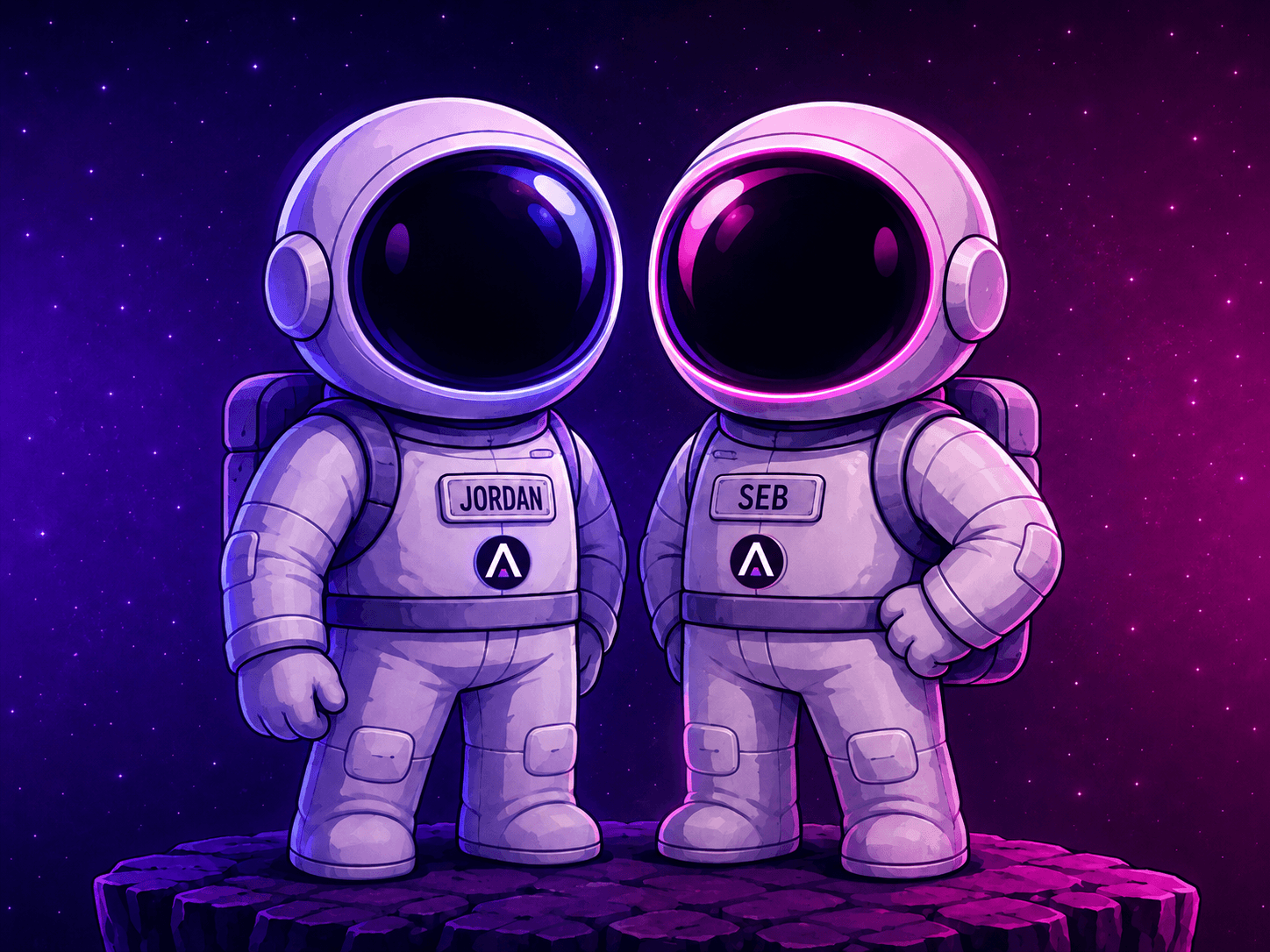 Two cartoon astronauts standing side by side, name patches reading Jordan and Seb, the founders of Chasm