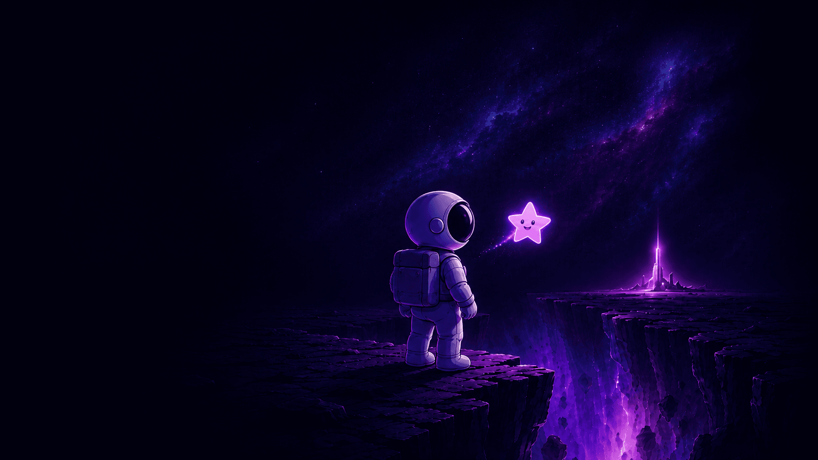 An astronaut and a glowing star companion at the edge of the chasm, looking across to a distant beacon