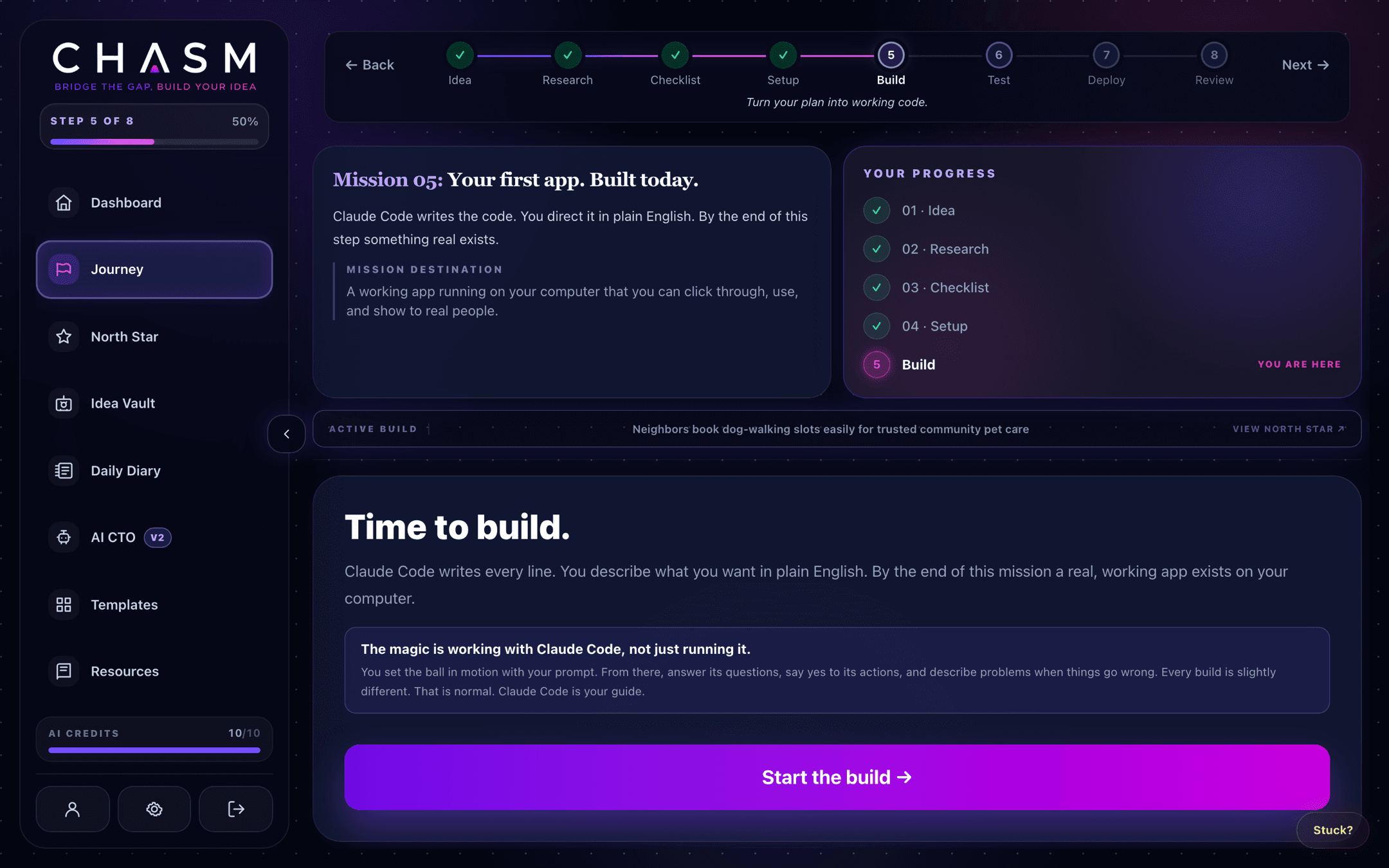 Chasm Build mission page with the journey tracker, mission briefing, and a Start the build button