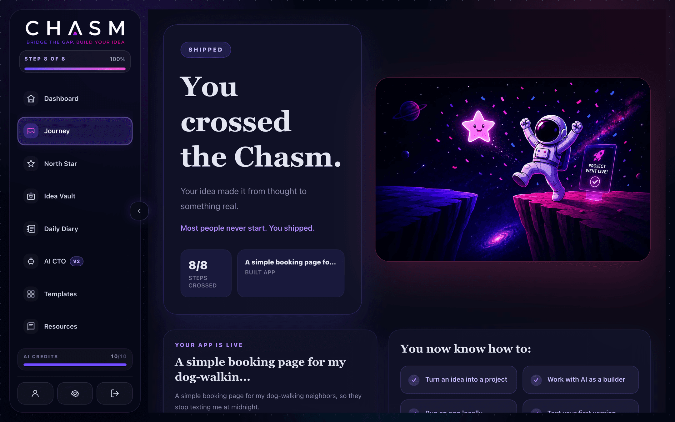 Chasm completion screen reading You crossed the Chasm, with a celebrating astronaut and 8 of 8 steps crossed