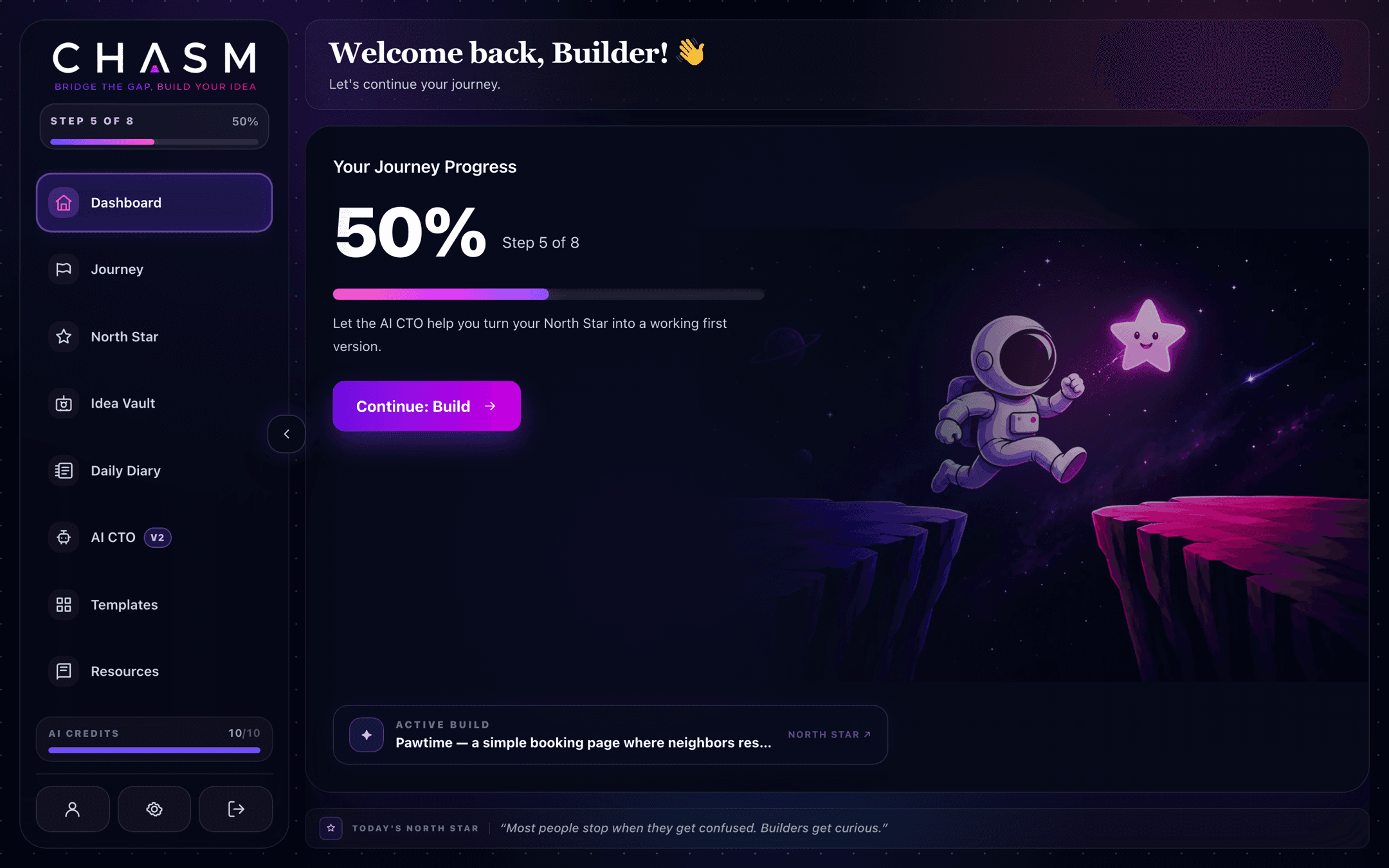 Chasm dashboard showing journey progress at 50%, the active build, and today's North Star quote
