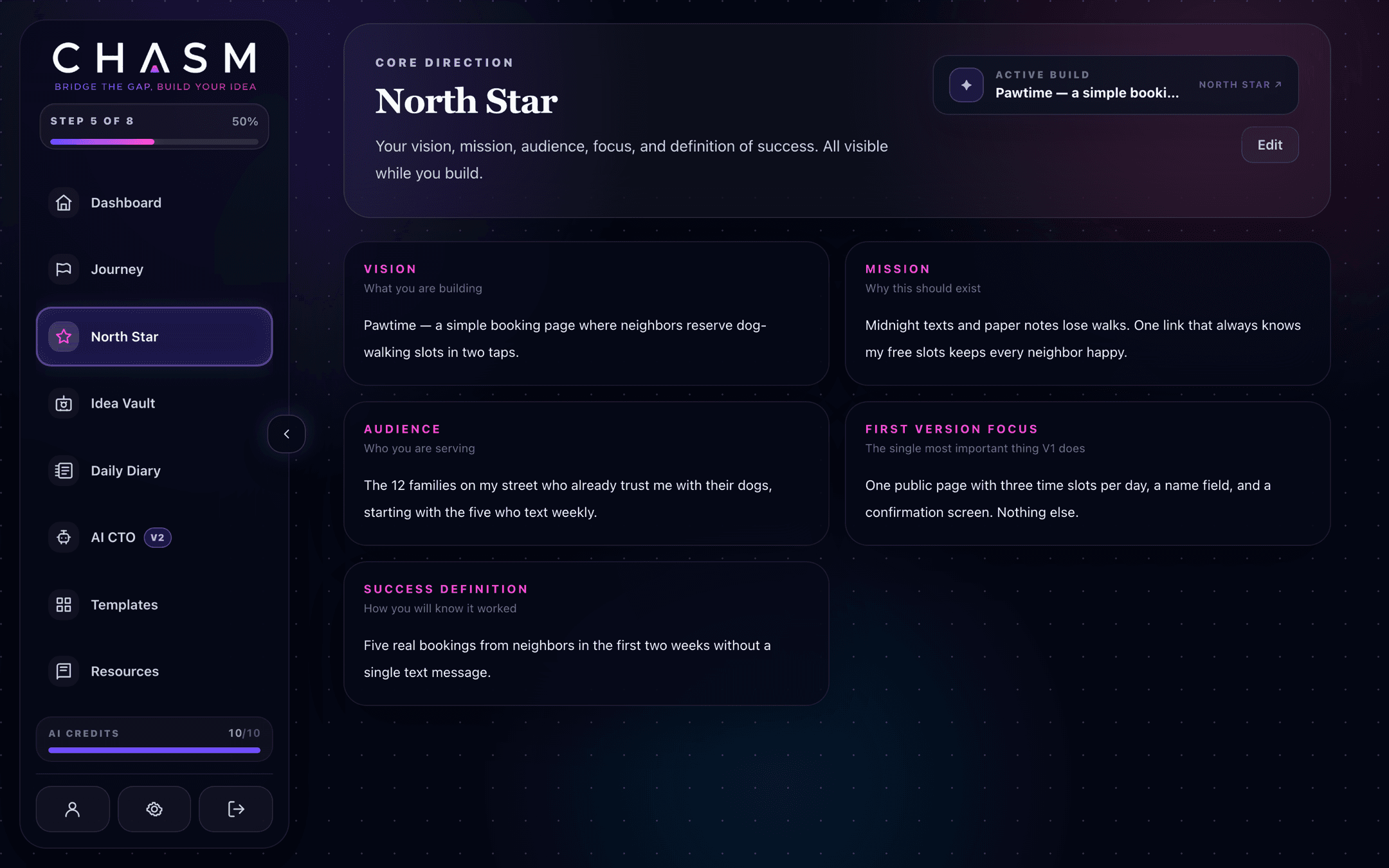 Chasm North Star page showing vision, mission, audience, first version focus, and success definition